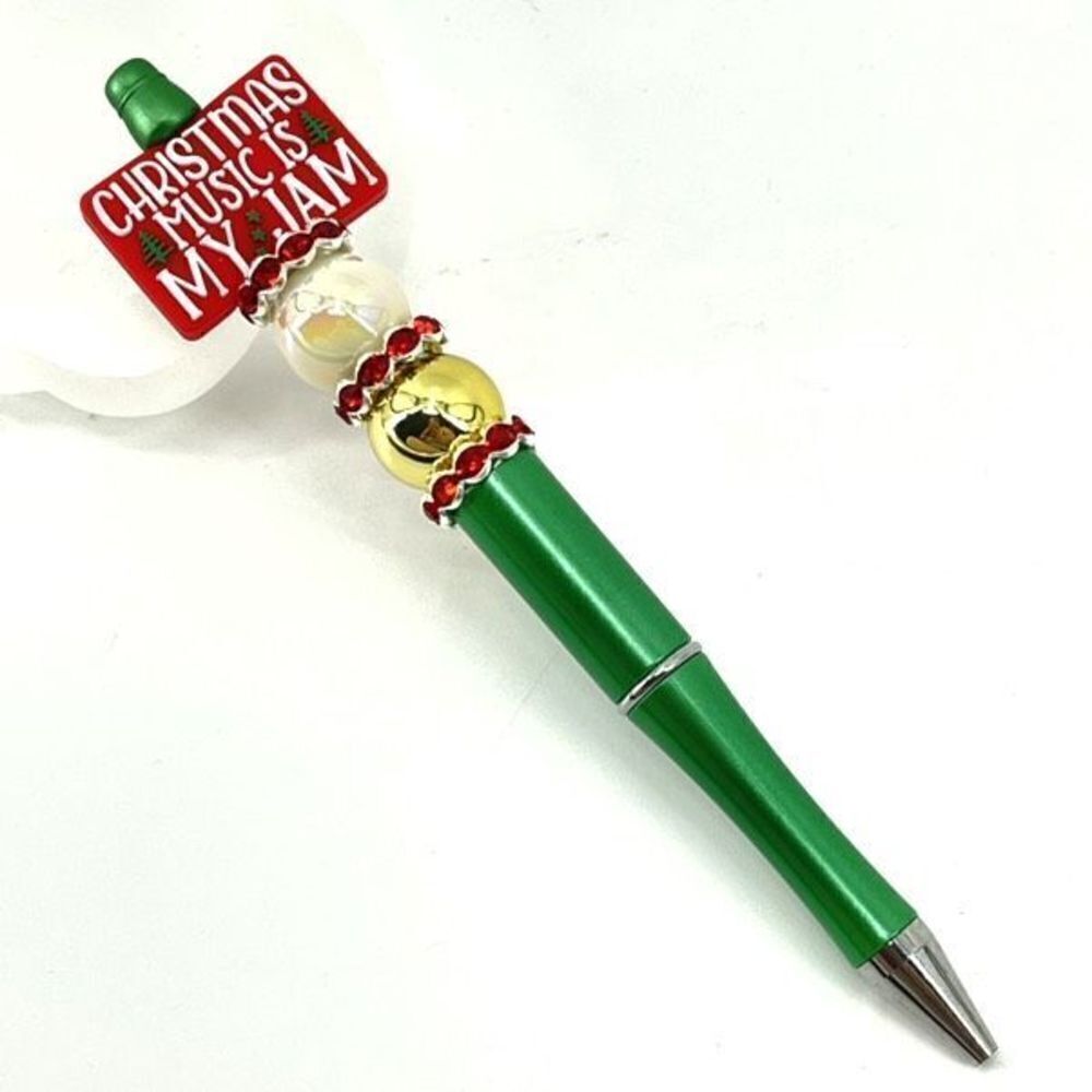 Christmas music is my jam handmade pen NEW beads rhinestone bling red white gree